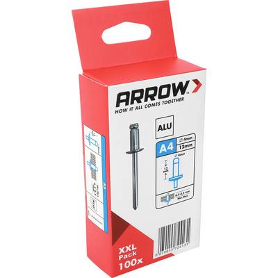 Červená šípka krabica hliníkových slepých nýtov Red Arrow veľkosti A4, označená "xxl pack 100x" s diagramom produktu a čiarovým kódom.