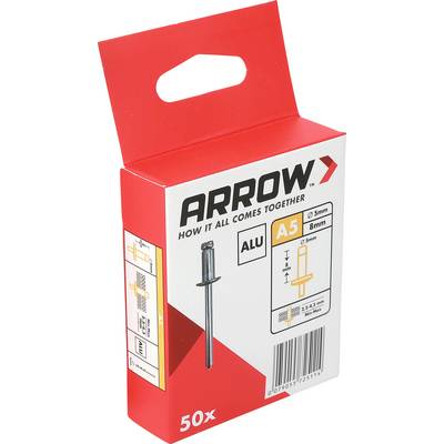 Červená krabica na balenie Red Arrow na 50 hliníkových nitov veľkosti A5, označená nápisom „Ako sa to všetko spája" s obrázkom produktu a čiarovým kódom.