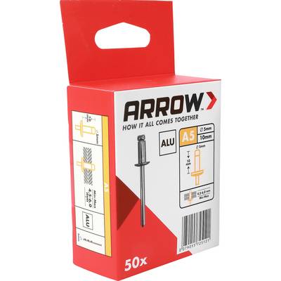 Červená BOX hliníkových nitov ARROW označená "50x" s obrázkom produktu a diagramom veľkosti, zobrazená na bielom pozadí.