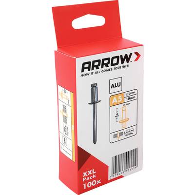 Balenie Red ARROW hliníkových slepých nýtov A5, označené „XXL Pack 100x" s diagramom produktu a čiarovým kódom, zobrazené na bielom pozadí.