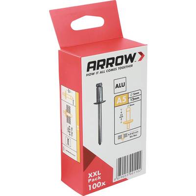 Červená šípka hliníkový balíček spojovacích prvkov označený A5 12mm, XXL balenie 100x, zobrazený vzpriamene na bielom pozadí.