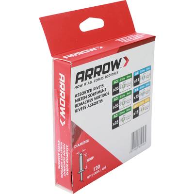 Balená sada rôznorodých niteníkov ARROW v červenom a bielom balení, so zobrazením veľkostí a množstiev na prednej strane