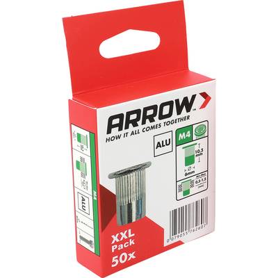 Balenie Red Arrow "ALU" M4 nitov, "XXL Pack 50x", zobrazené v červenej obchodnej krabici s obrázkom produktu a špecifikáciami.