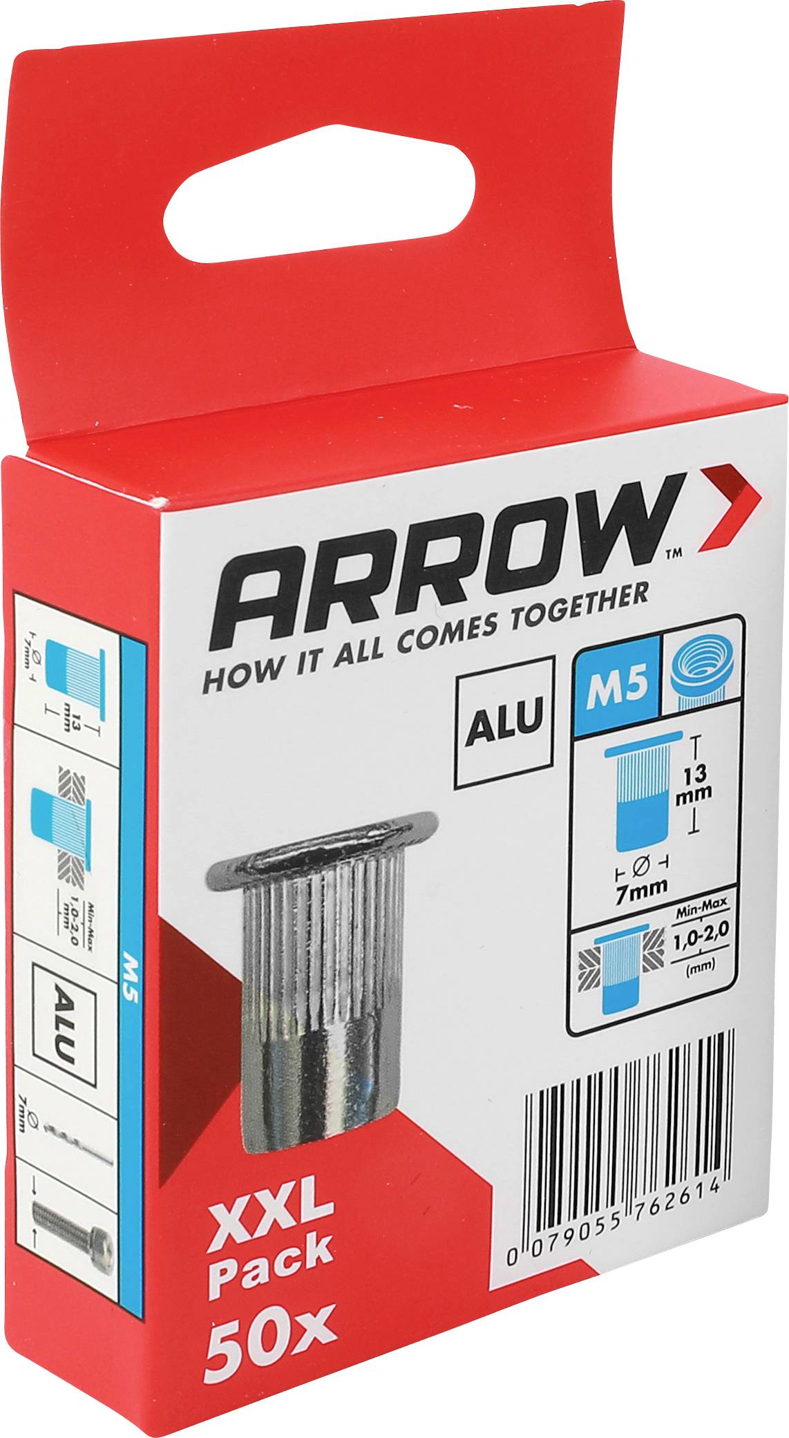 Červená šípka balenie upevňovacieho materiálu v krabici s označením „ARROW" a „XXL balenie 50x" s obrázkom produktu a detailmi veľkosti na prednej strane.