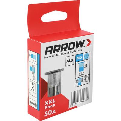 Červená šípka balenie upevňovacieho materiálu v krabici s označením „ARROW" a „XXL balenie 50x" s obrázkom produktu a detailmi veľkosti na prednej strane.