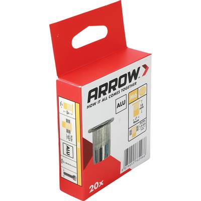 Krabica klincov Arrow z hliníka, balenie 20 kusov, zobrazené v originálnom obale s výrezom na držadlo a čiarovým kódom.