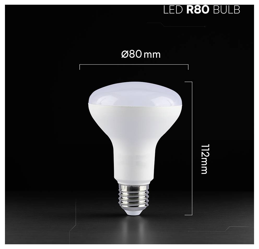 Produktový obrázok LED žiarovky R80 na čiernom pozadí s označením ø80 mm šírka a 112 mm výška.