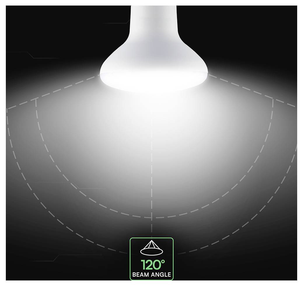 Diagram svetelného lúča zobrazujúci uhol rozptylu 120° šíriaci sa od lampy