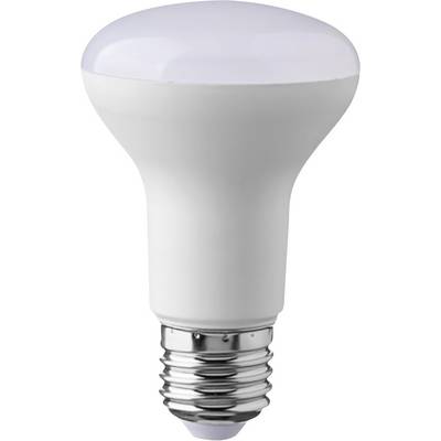 Biela LED žiarovka so širokým, kupolovitým hlavou a kovovou skrutkovacou základňou na jednoduchom pozadí.