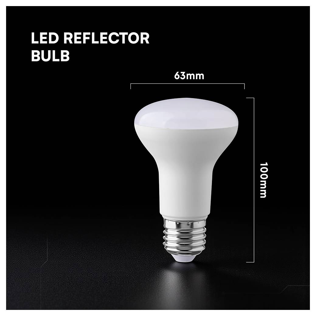 LED reflektor žiarovka zobrazená na čiernom pozadí, označená šírkou 63 mm a výškou 100 mm.