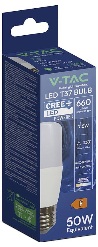 V-TAC LED žiarovka T37, na krabici je zobrazená biela žiarovka, výkon 7,5W, 660 lúmenov, 3000K teplá biela farba a energetické hodnotenie „Ekvivalent 50W".