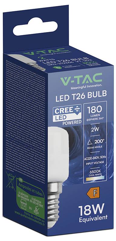 Balenie LED žiarovky V-TAC T26, ktoré uvádza 18W ekvivalent, 180 lúmenov, 6500K chladná biela, uhol osvetlenia 200° a pohon CREE LED.