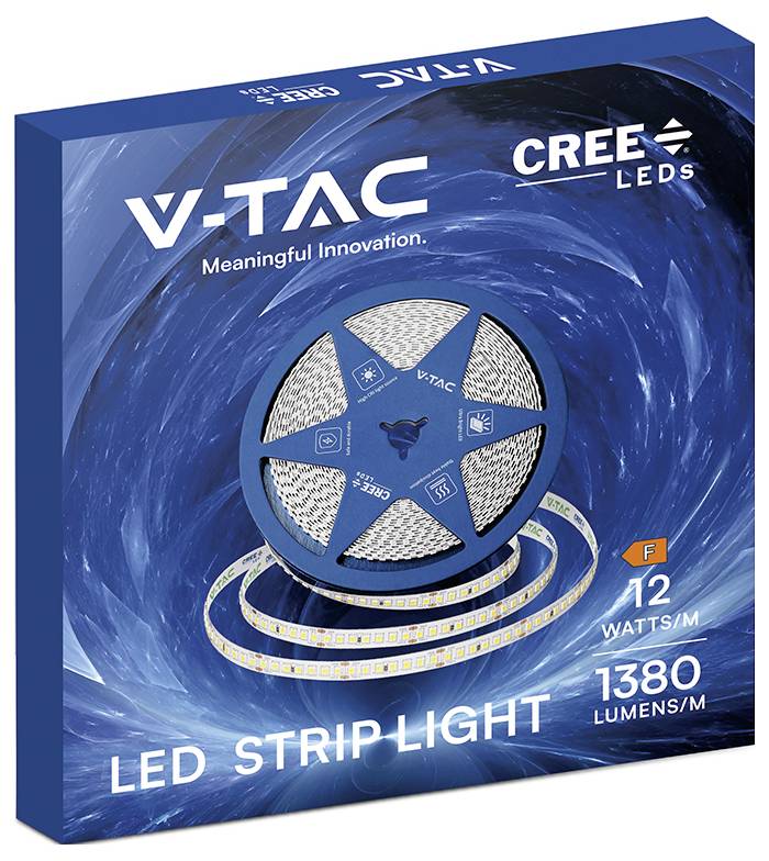 V-TAC LED pásikové svetlo produktovej krabici so CREE LED diódami, 12 wattov/m a 1380 lúmenov/m.