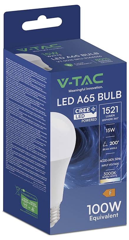 Modrá LED žiarovka V-TAC A65 v maloobchodnom balení s označením "LED žiarovka A65", "1521 LÚMENOV", "15W", "3000K teplá biela" a "ekvivalent 100W".