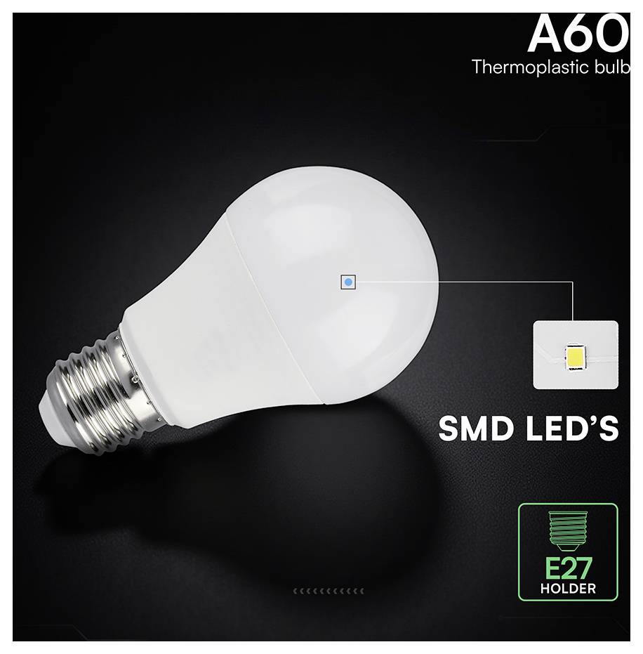 Biela LED žiarovka A60 z termoplastického materiálu s päticou E27, označená SMD LED diódami, zobrazená na tmavom pozadí s približeným detailom LED čipu.