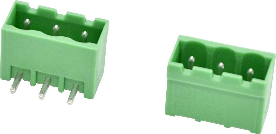 Dva zelené trojzástrčkové elektrické konektory terminálů zobrazené z rôznych uhlov na bielom pozadí.