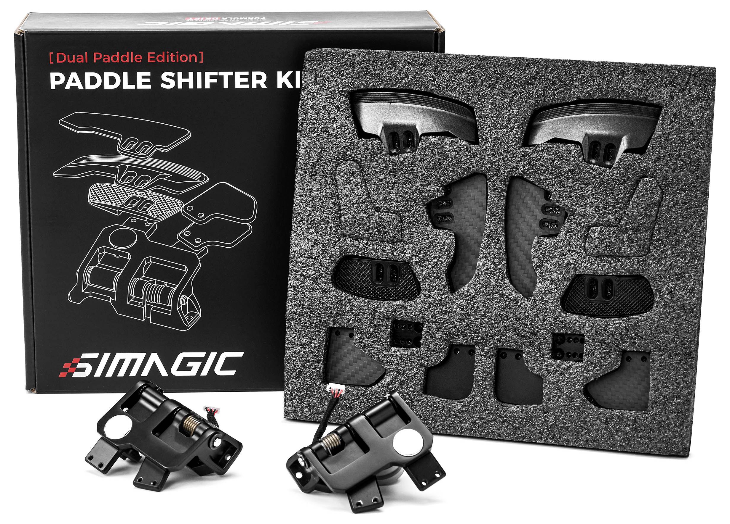 Sada páčkových radiacich jednotiek Simagic "Dual Paddle Edition" s krabicou, penovou vložkou a dvoma čiernymi kovovými jednotkami radiacich páčok zobrazená v balení.