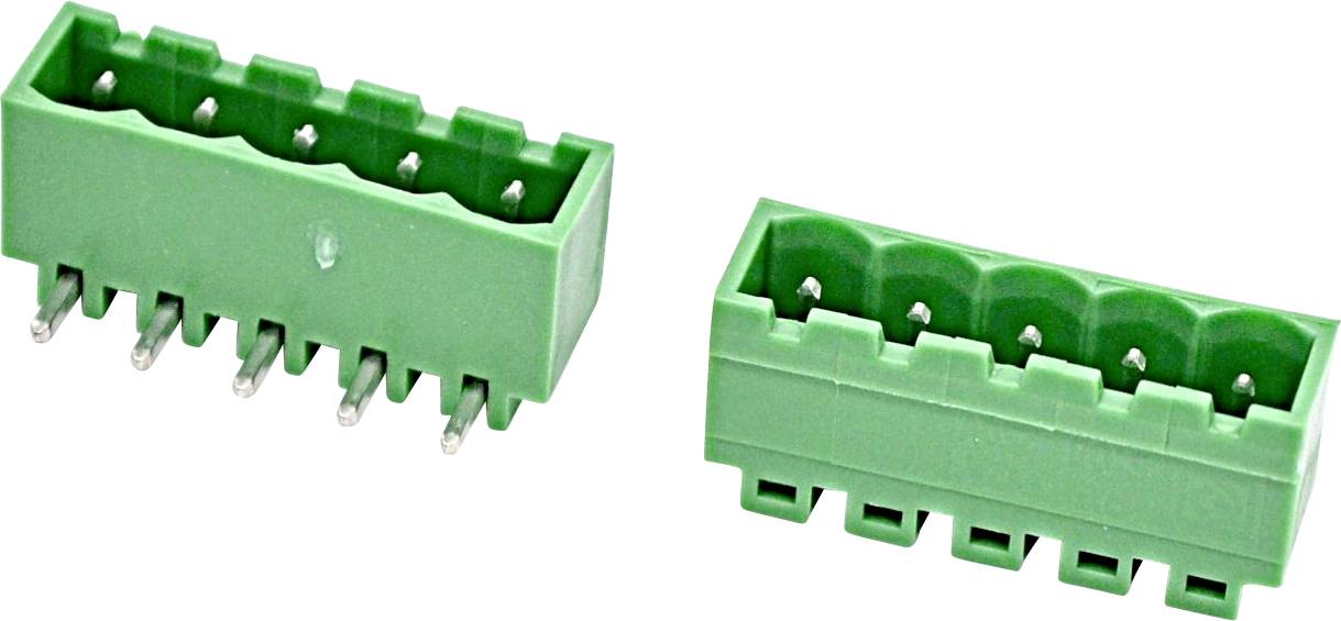 Dva zelené konektory PCB pinových lišt zobrazené v uhle, jeden pohľad zo strany s vyčnievajúcimi kovovými kolíkmi a jeden pohľad spredu s otvormi zásuviek.