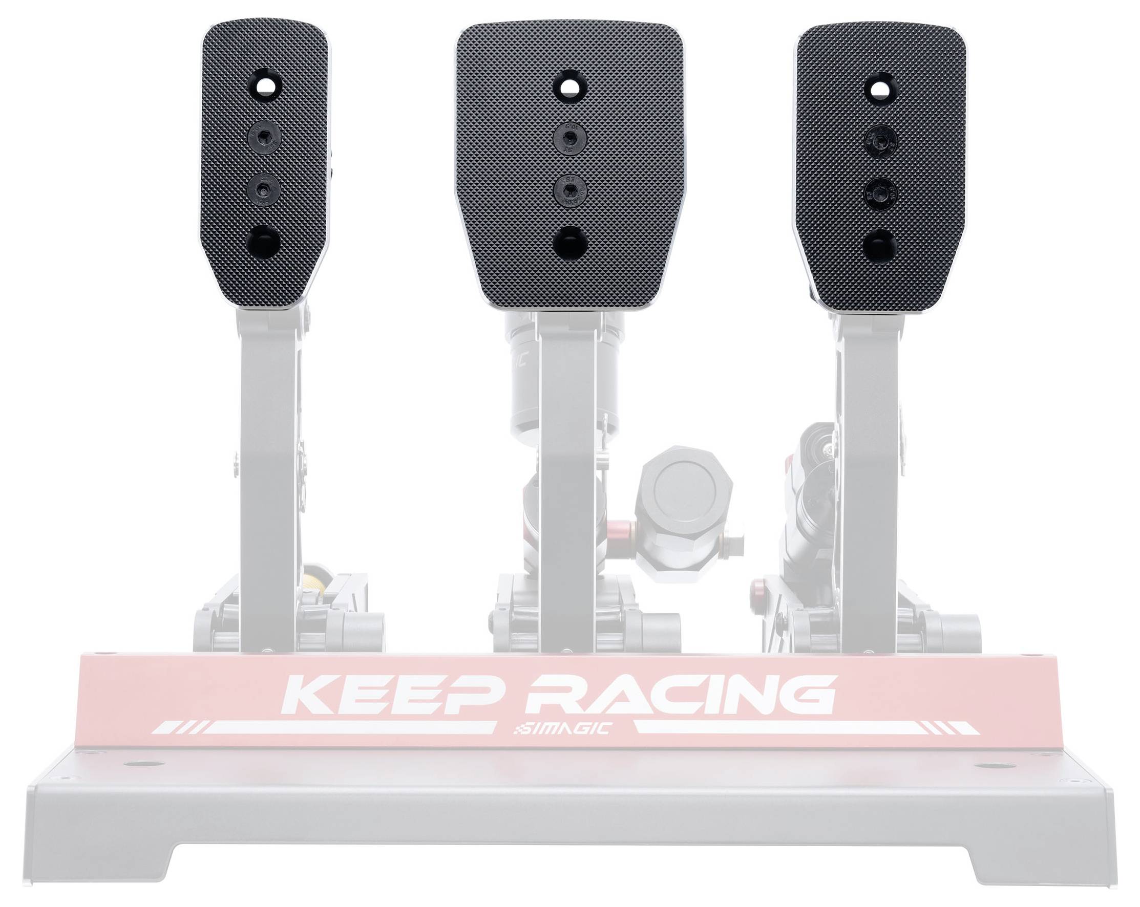 Tri čierne pretekárske pedále na podstave označenej "KEEP RACING" pre simulátor.