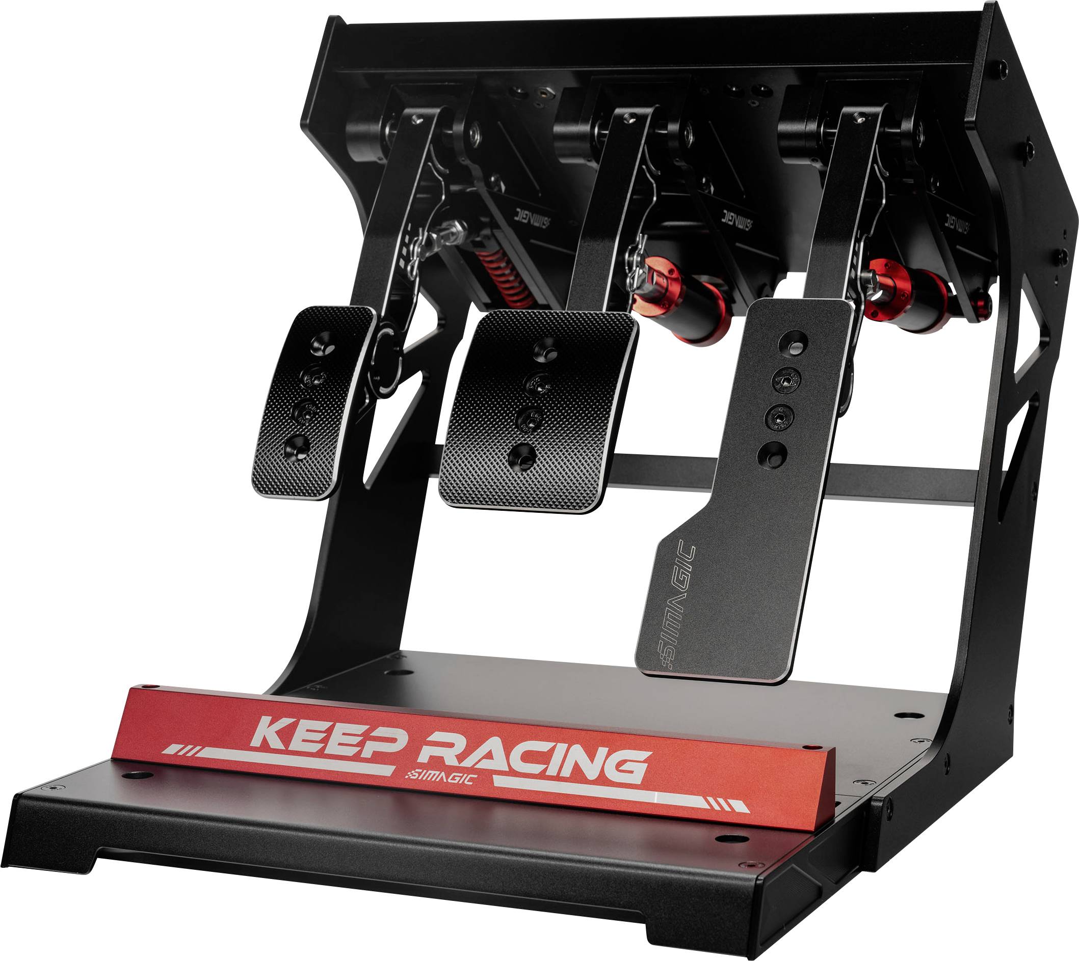 Trojpedálová sada závodných simulátorových pedálov na čiernej kovej podstave s červeným logom „KEEP RACING" a nastaviteľnými ramami pedálov.