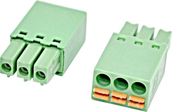 Dva zelené elektrické konektory terminálov, jeden s tromi predným vodičovými portami a jeden s tromi predným portami plus oranžovými pružinovými svorkami viditeľnými.
