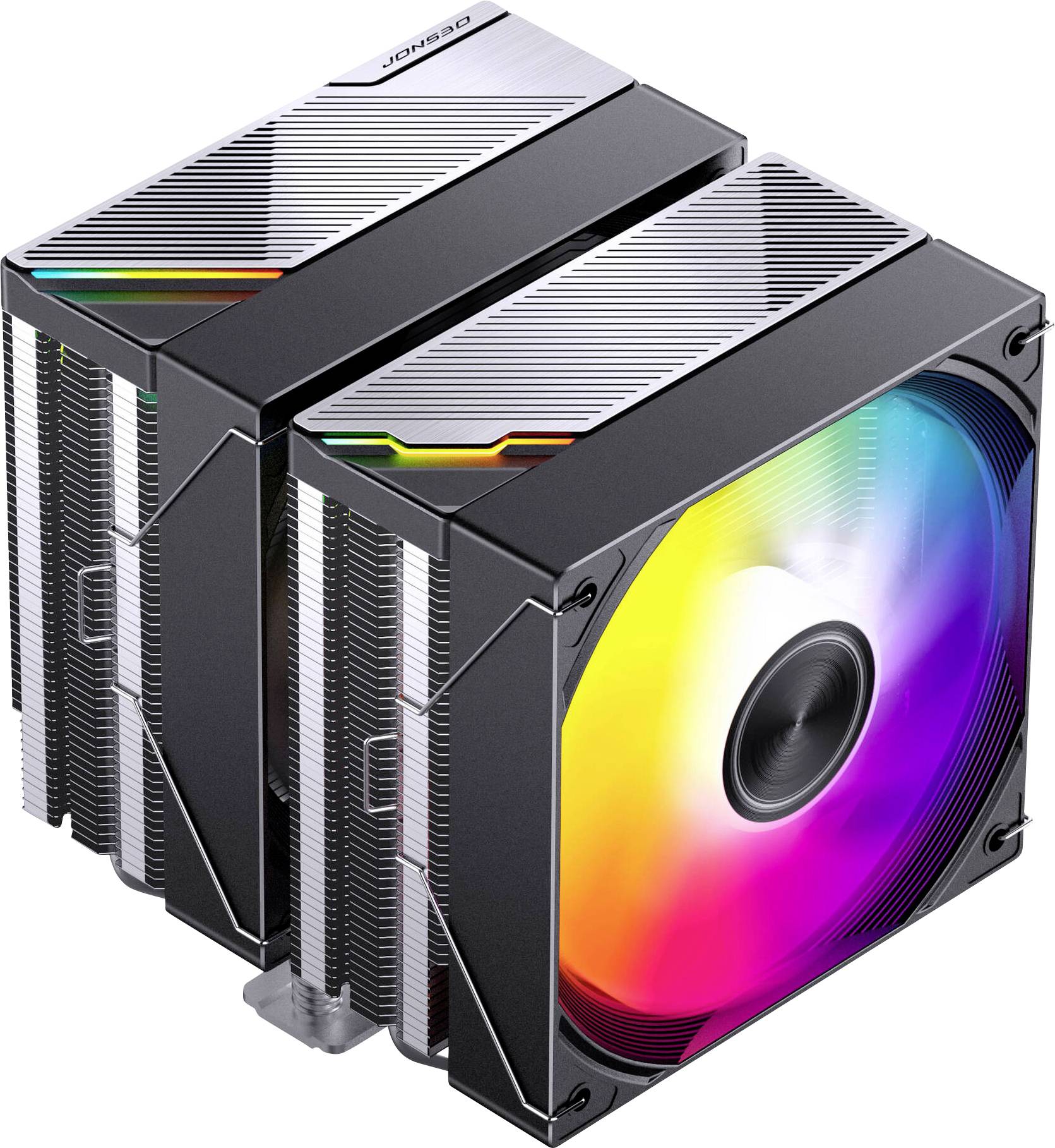 Dva čierne veľobchodné chladiče CPU s hrebeňovými zásobníkmi a dúhový RGB ventilátor na prednej jednotke.