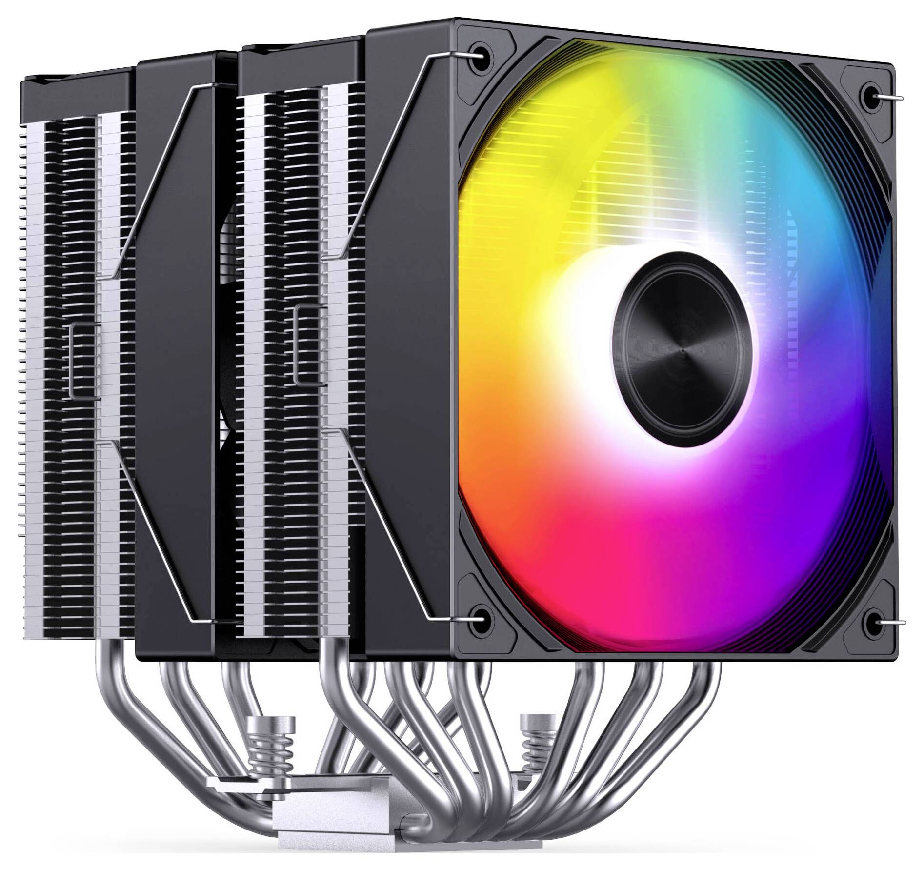 Čierny chladič CPU so vzduchom s hustými rebrami a tepelnými potrubiami, zobrazený s dúhovým RGB ventilátorom na prednej strane.