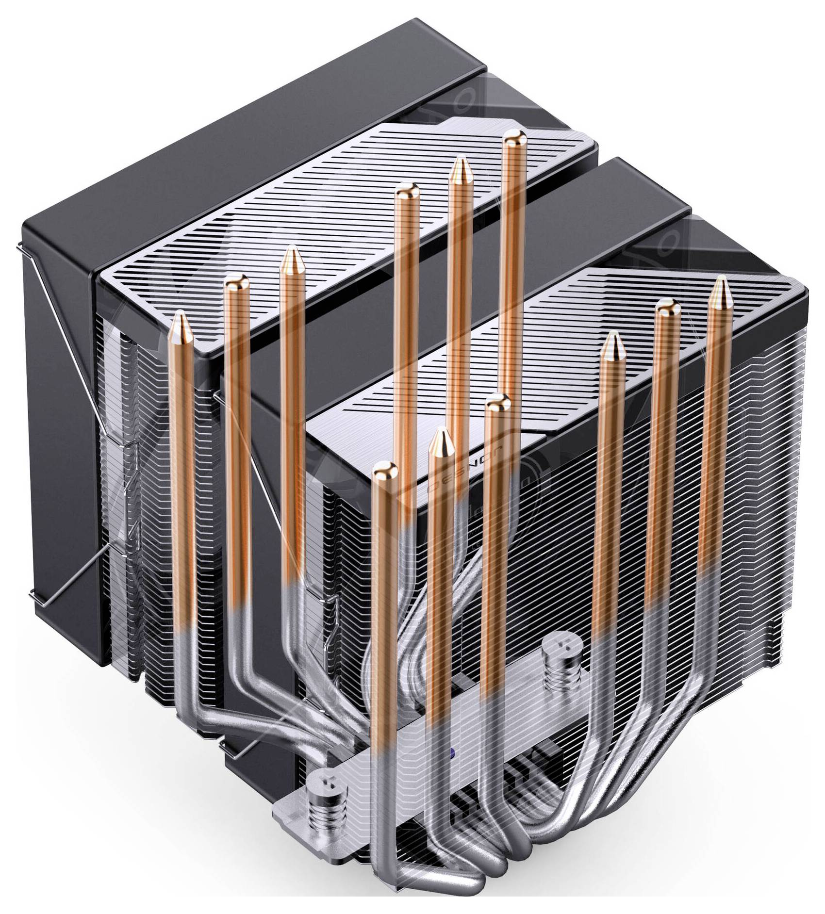 3D render chladiča CPU so dvoma vrstavenými chladičmi a viacerými medenými tepelnými trubicami