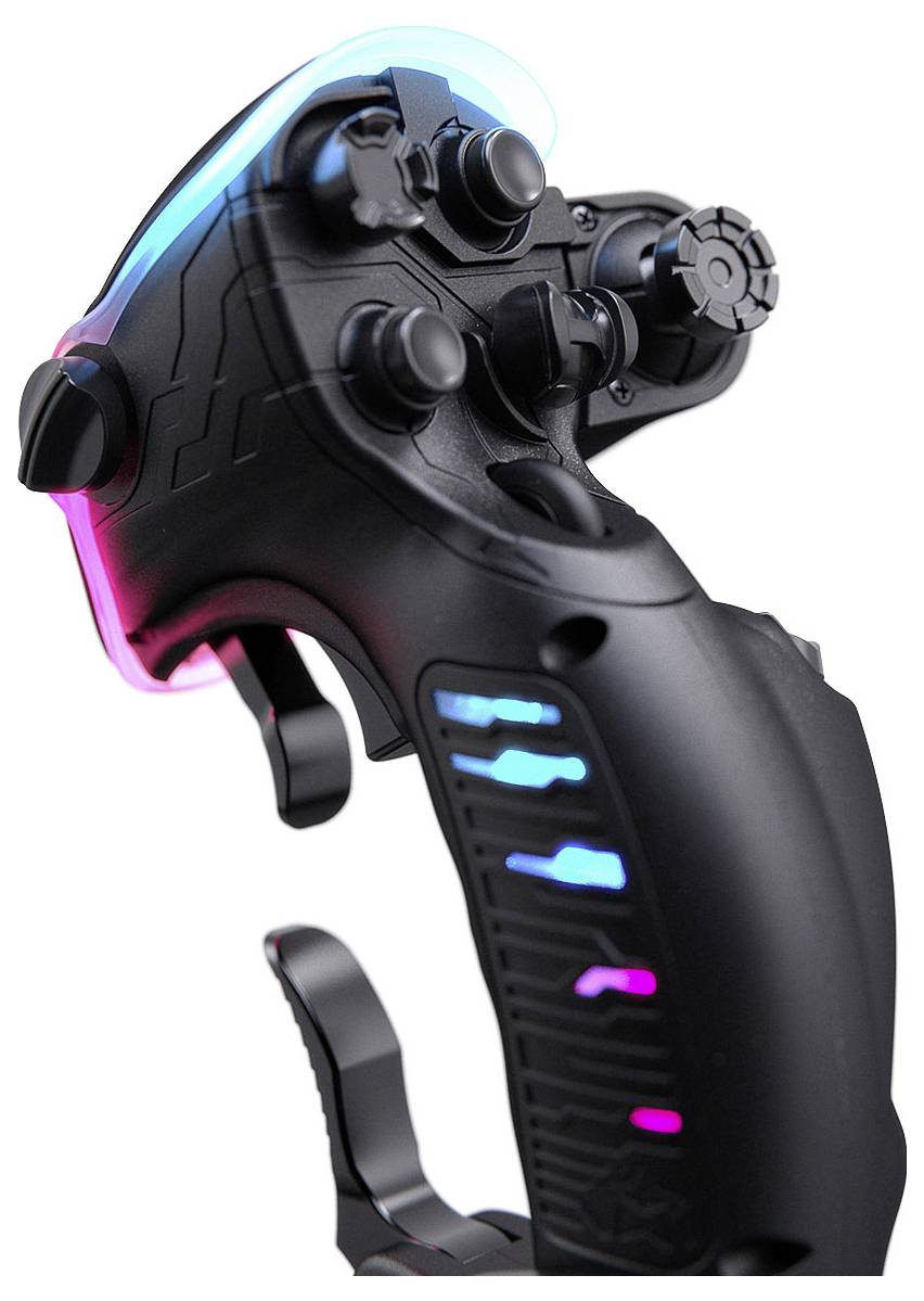 Čierny herný joystick s množstvom tlačidiel a žiariace modré, azúrové a ružové doplnky, zobrazené na bielom pozadí.