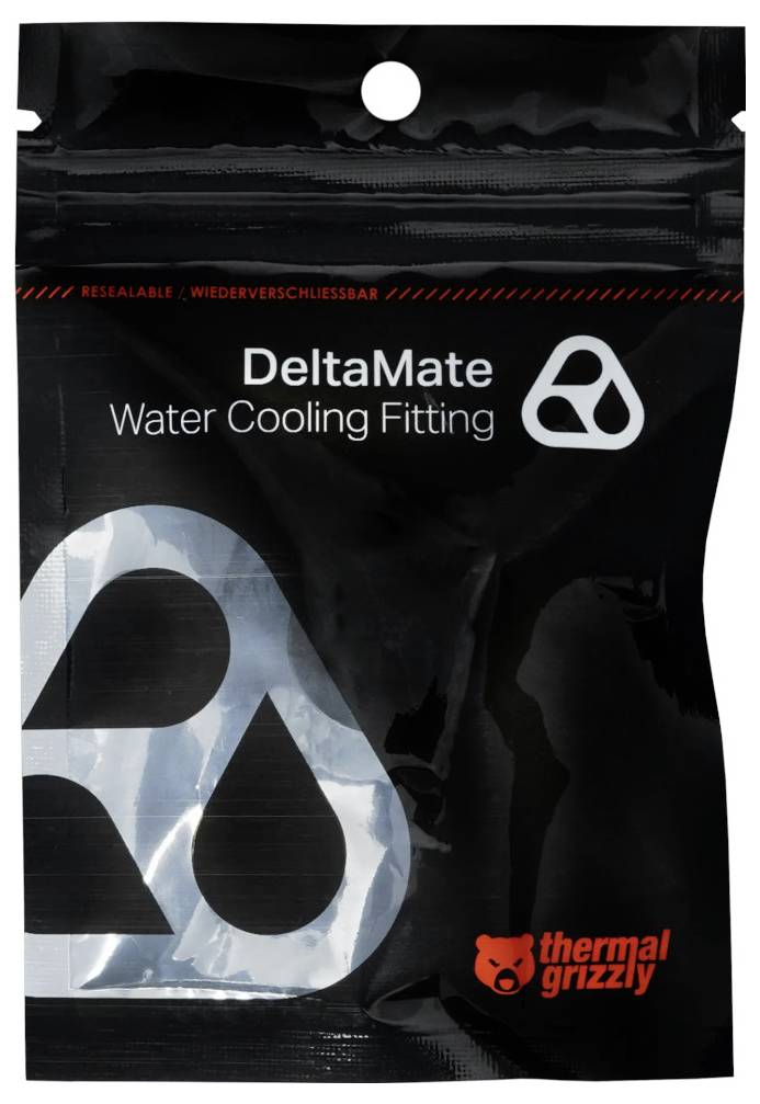 Čierne balenie na Thermal Grizzly 'DeltaMate Water Cooling Fitting' s veľkým logom produktu a resealovateľným zipom na vrchu.