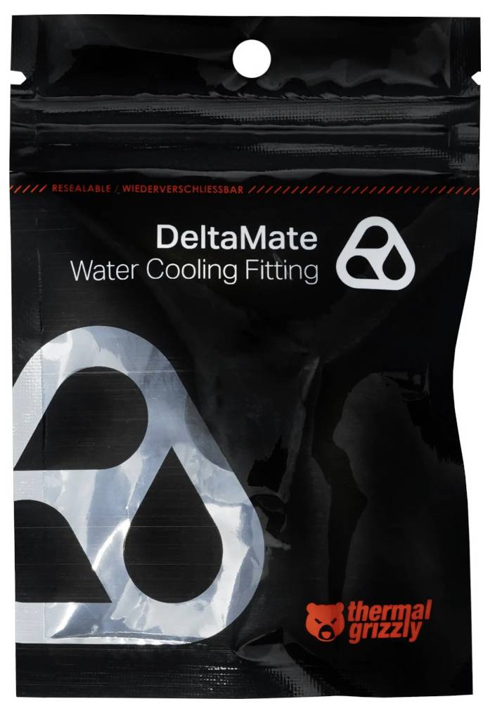 Balenie pre Thermal Grizzly DeltaMate Water Cooling Fitting, čierny uzatvárateľný sáčok s názvom produktu a logom.