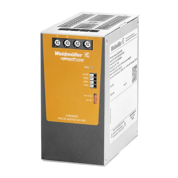 Oranžový a šedý modul napájania Weidmüller PRO DC BUFFER 24V s terminálovými spojmi a indikátormi stavu, zobrazený v pohľade z troch štvrtín.