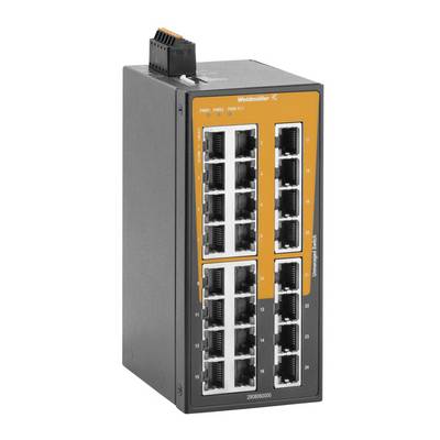 Priemyselný ethernetový prepínač s oranžovým čelným panelom a viacerými портmi RJ45, zobrazený v sivej kovej skrini.
