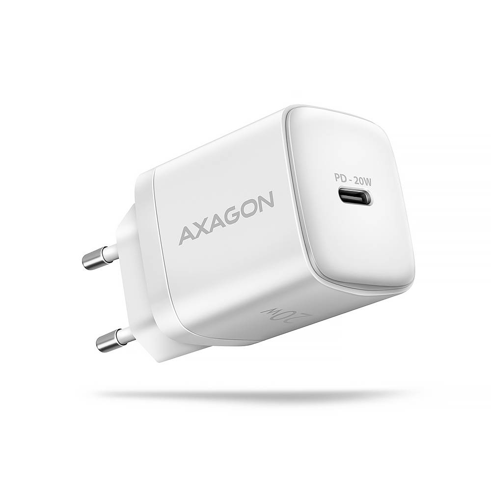 Biely nástavec Axagon na stenu s dvoma európskymi kolíkmi a jedným USB-C portom označeným "PD-20W" na jednoduchom pozadí.