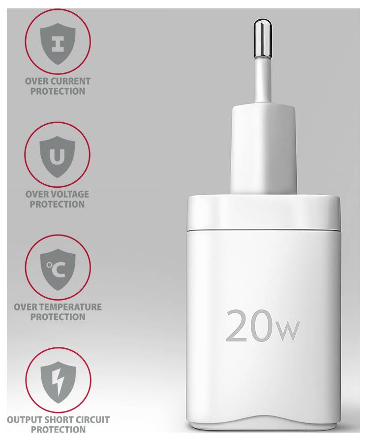 Biely 20W USB nástenný nabíjač s kolíkmi, zobrazený s ikonami ochrany pred prepätím, prepätím, nadmernou teplotou a skratom.