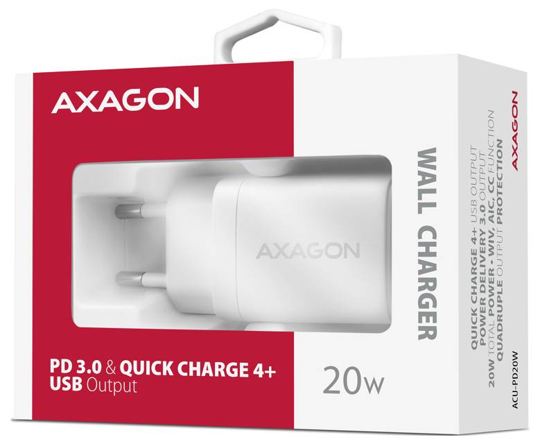 AXAGON 20W nástenný nabíjací adaptér v balení zobrazujúci biely USB-C napájací adaptér s nápisom „PD 3.0 & Quick Charge 4+ USB Output" vytlačeným na krabici.