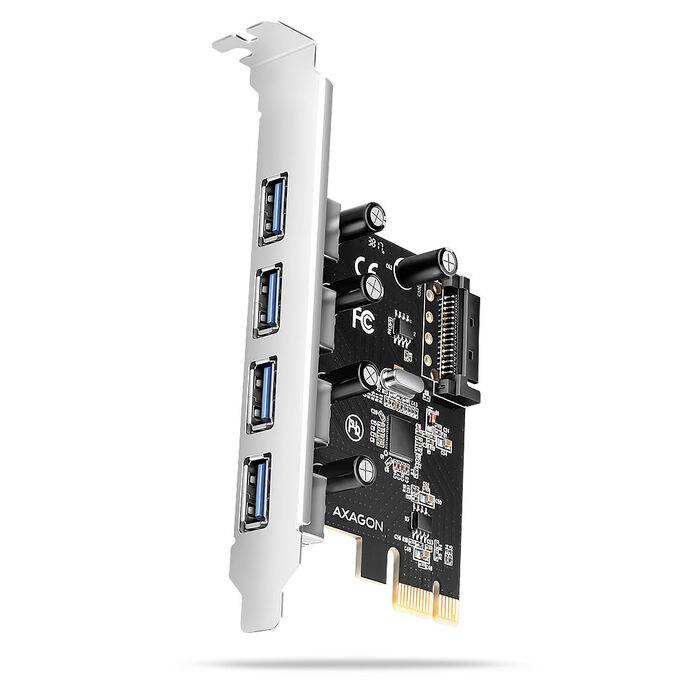 Rozširovacia karta PCIe so štyrmi modrými portami USB 3.0 a značkou Axagon na čiernej doske plošných spojov.
