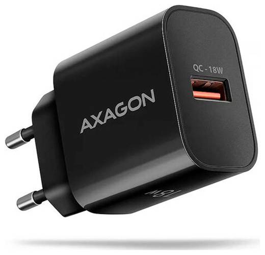 Čierny Axagon QC-18W USB nástenný adaptér s EU zástrčkou a jedným oranžovým USB portom.
