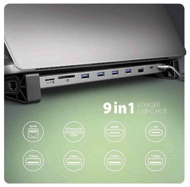 Dokovacia stanica notebooku zobrazujúca 9-v-1 dlhší USB-C hub s Ethernet, SD/microSD, HDMI, PD a štyrmi 5 Gbps USB portami.