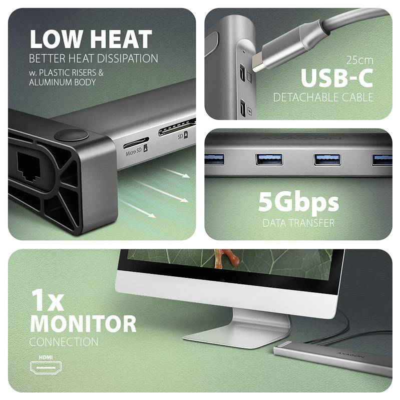 Propagačná grafika USB-C hubu/dokovacej stanice zdôrazňujúca dizajn z hliníka s nízkou teplotou, 25 cm odpojiteľný kábel USB-C, 5Gbps prenos dát a 1 pripojenie monitora.