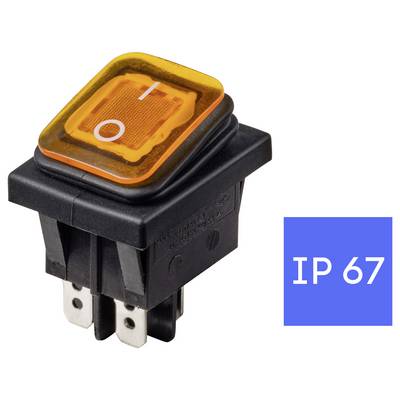 Oranžovo osvetlený biesadný spínač so symbolmi „I" a „O", označený IP67 pre vodotesnú ochranu.