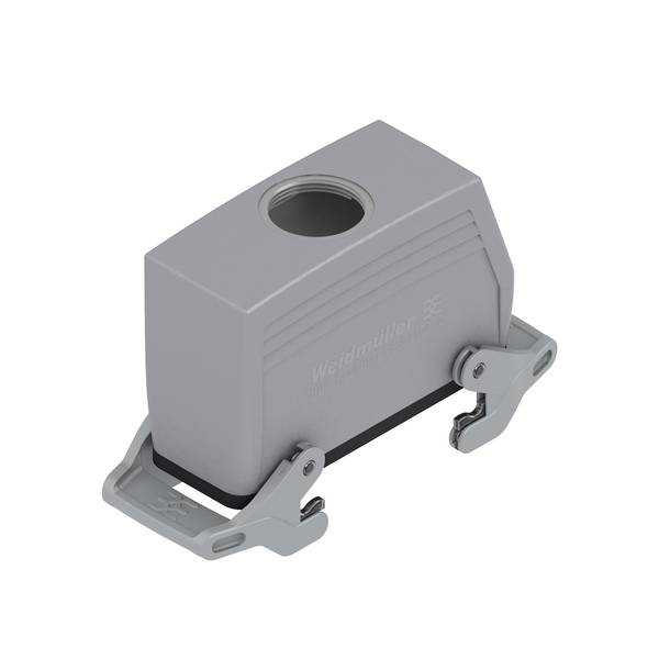 Sivá elektrická skriňa s kruhúrym otvorom na vrchu a kovovými montážnymi svorkami, zobrazená izolovaná na bielom pozadí.