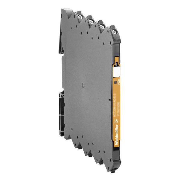 Čierny priemyselný elektronický modul s oranžovým štítkom "Weidmuller", zobrazený na bielom pozadí.
