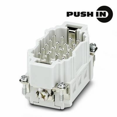 Zblízka zobrazený biely obdĺžnikový elektrický konektor so množstvom kovových kolíkov, s označením "PUSH IN" v pravom hornom rohu.