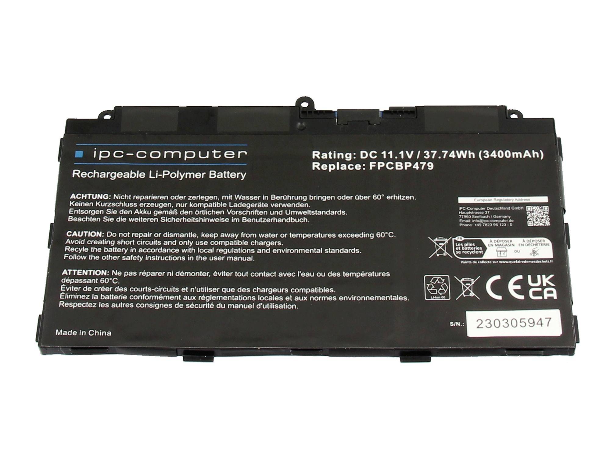 Čierna batéria do notebooku s označením "ipc-computer" s parametrami 11.1V, 37.74Wh, náhrada za FCPB479.