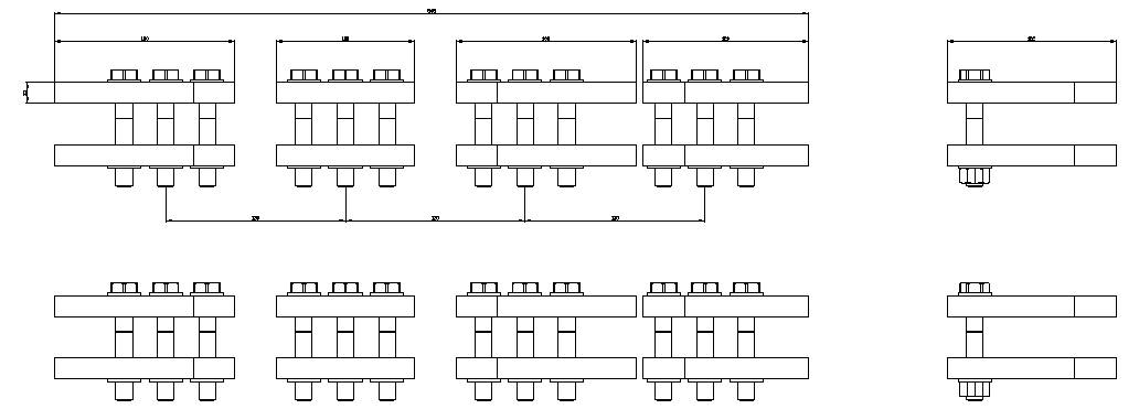 Technický zapojovací diagram znázorňujúci dva rady štyroch identických konektorových blokov prepojených horizontálnymi čiarami, plus dva samostatné konektorové bloky vpravo.