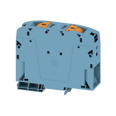 Modrý elektrický rozvodný blok s oranžovými pákami, zobrazený na bielom pozadí