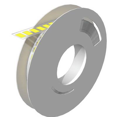 3D renderovania kruhovej kovové cievky alebo špulky s centrálnym otvorom a pásom žlto označeného materiálu čiastočne rozvinutého zo strany.