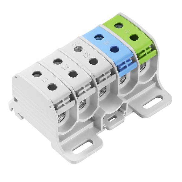 Kompaktný elektrický svorkovací blok so štyrmi označenými konektormi: L1, L2, L3, N a zelenou zemou, umiestnený na bielej podstave.