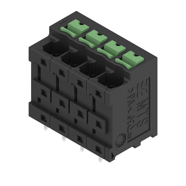 Čierny 4-pozičný elektrický zásuvný blok s zelenými tlačidlami a otvormi na kolíky, zobrazený v izometrickom pohľade na bielom pozadí.